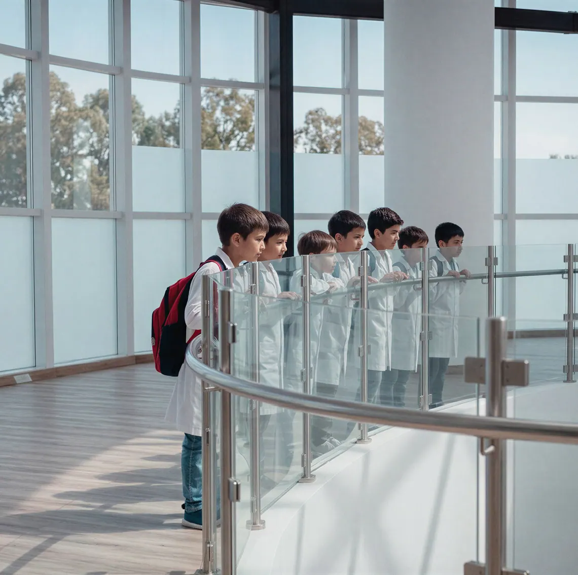 Chicos de guardapolvo blanco asomados a la baranda de vidrio del hall del museo