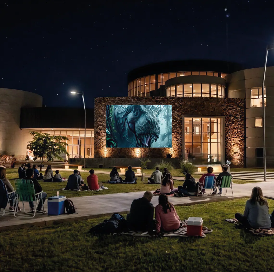 Público sentado en el césped frente al museo, de noche, mirando una proyección de un dinosaurio en la fachada